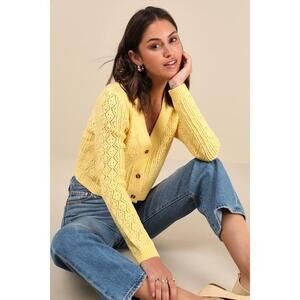 Lulus Daily Cutie Yellow Pointelle Knit Cardigan Sweater Top - Size XL